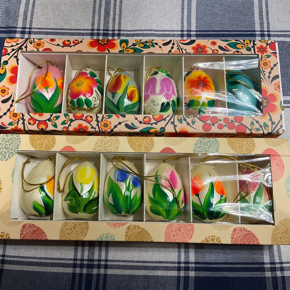 NIP Two Sets, Six each set, Hand Crafted Floral Russian hand painted Eggs